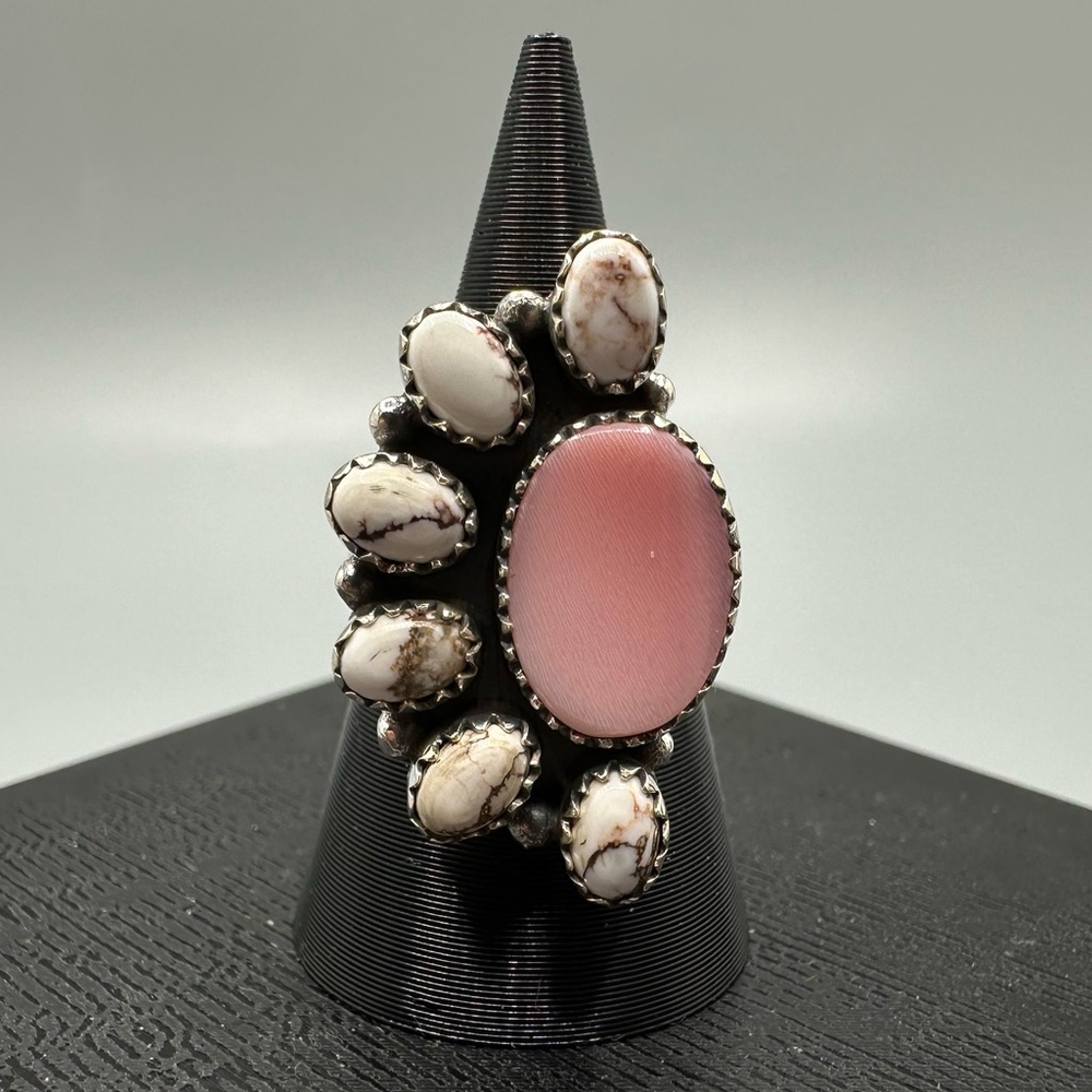 Pink Conch Wild Horse Half Cluster Ring Sterling Silver 925 Adjustable Handmade